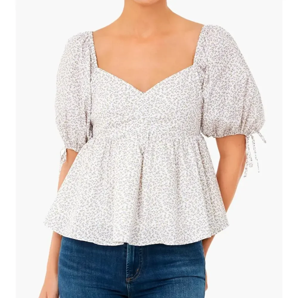 Tuckernuck White Floral Puff-Sleeve Peplum Blouse